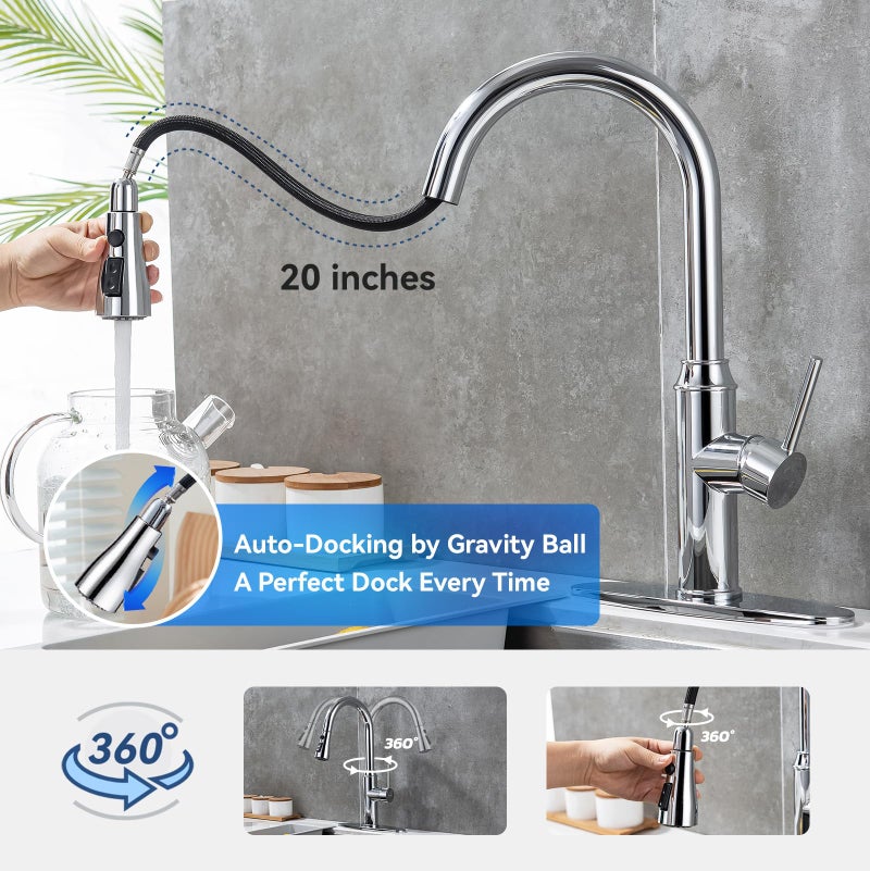 Arofa Kitchen Faucet with Pull Down Sprayer, Chrome Faucet for Kitchen Sink Stainless Steel Kitchen Faucets, Single Handle 1 or 3 Hole Faucet with Escutcheon for RV, Outdoor, Laundry & Utility Room Sink - Image 5